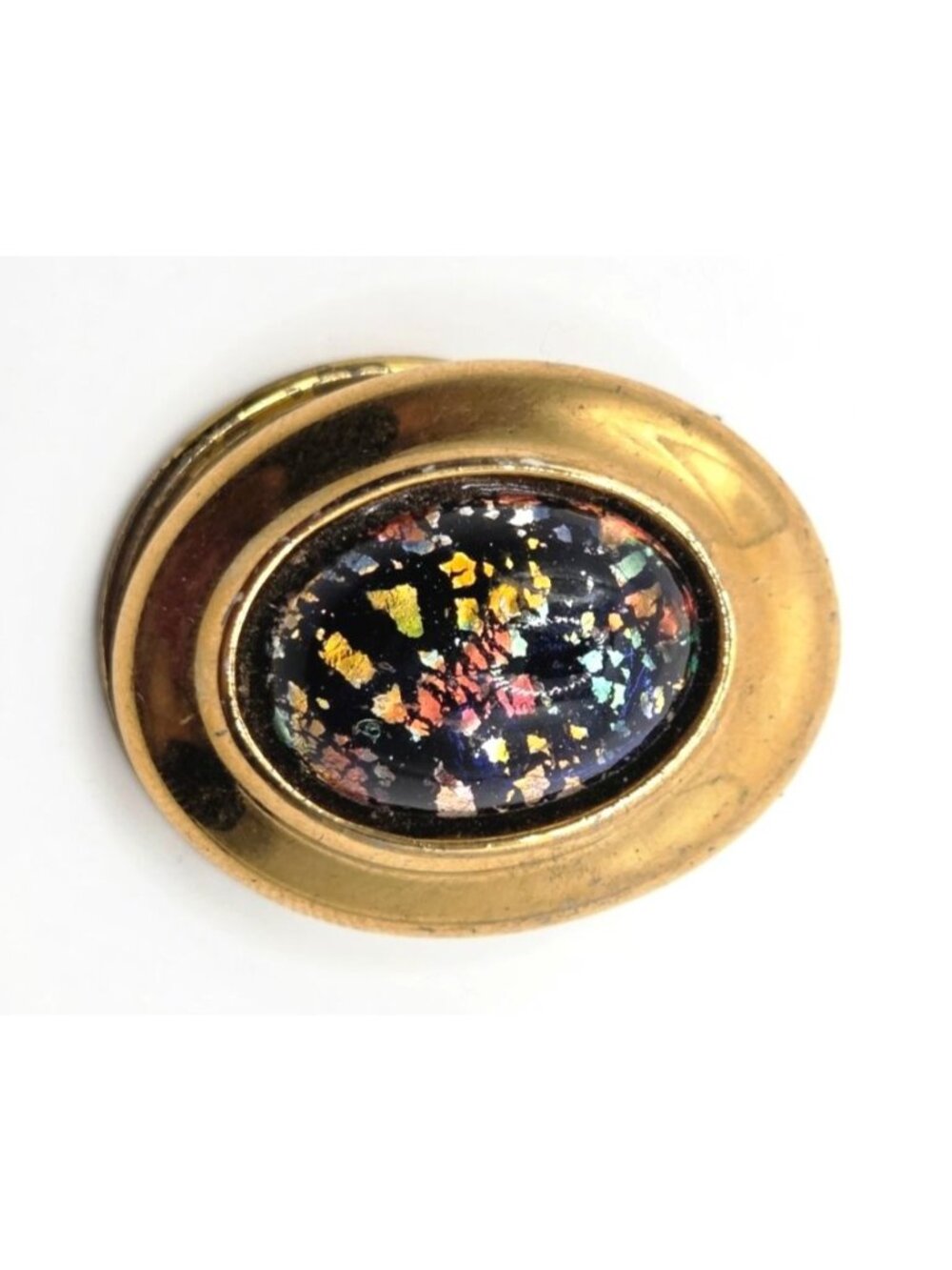 Vintage Gold Tone Scarf Clip With Confetti Glass Oval Accent